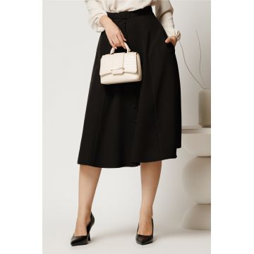 Fusta DY Fashion midi neagra cu nasturi si curea in talie Fusta DY Fashion midi neagra cu nasturi si curea in talie