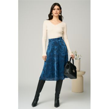 Fusta DY Fashion midi office din jerse albastra cu imprimeu turcoaz Fusta DY Fashion midi office din jerse albastra cu imprimeu turcoaz