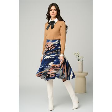 Fusta DY Fashion midi office din jerse bleumarin cu imprimeu somon Fusta DY Fashion midi office din jerse bleumarin cu imprimeu somon