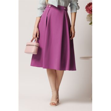 Fusta DY Fashion midi office din stofa mov cu nasturi pe talie