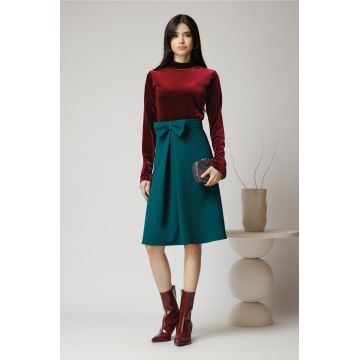 Fusta DY Fashion midi office din stofa verde cu funda si pliu pe talie