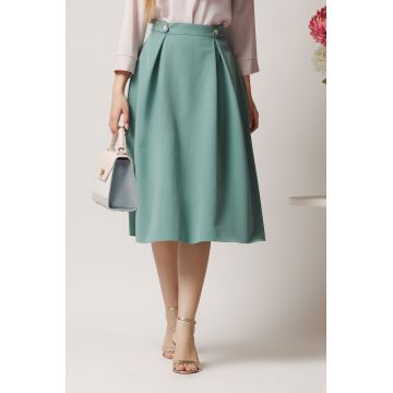 Fusta DY Fashion midi office din stofa verde cu nasturi pe talie