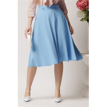 Fusta DY Fashion midi office din triplu voal bleu cu nasturi pe talie