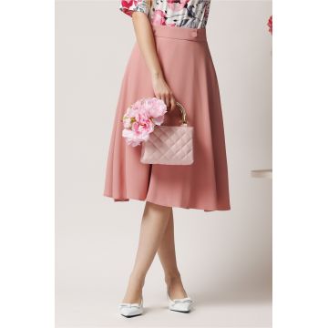 Fusta DY Fashion midi office din triplu voal roz cu nasturi pe talie