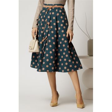 Fusta DY Fashion midi turcoaz cu buline si fundite in contrast Fusta DY Fashion midi turcoaz cu buline si fundite in contrast