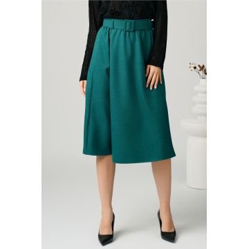 Fusta DY Fashion office din jerse verde cu pliuri si curea in talie