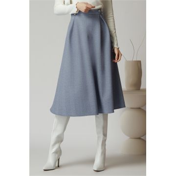 Fusta DY Fashion office din stofa albastra cu dungi si nasturi pe talie Fusta DY Fashion office din stofa albastra cu dungi si nasturi pe talie