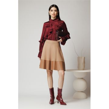 Fusta Dy Fashion office din stofa bej cu insertie din piele ecologica la baza