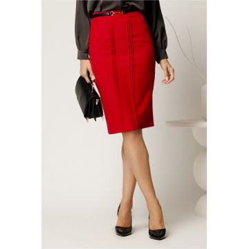 Fusta DY Fashion office din stofa fucsia conica cu pense insertie din piele ecologica