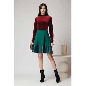 Fusta Dy Fashion office din stofa verde cu insertie din piele ecologica la baza Fusta Dy Fashion office din stofa verde cu insertie din piele ecologica la baza