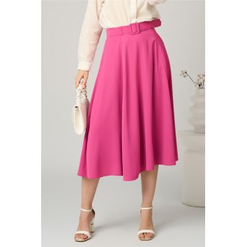 Fusta DY Fashion office midi din triplu voal fucsia cu croi clos si curea in talie Fusta DY Fashion office midi din triplu voal fucsia cu croi clos si curea in talie