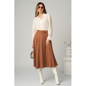 Fusta DY Fashion office midi din triplu voal maro camel cu croi clos si curea in talie Fusta DY Fashion office midi din triplu voal maro camel cu croi clos si curea in talie