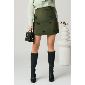 Fusta DY Fashion scurta din jerse kaki cu fundite Fusta DY Fashion scurta din jerse kaki cu fundite