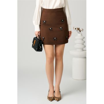 Fusta DY Fashion scurta din jerse maro cu fundite Fusta DY Fashion scurta din jerse maro cu fundite