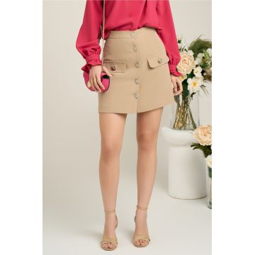 Fusta DY Fashion scurta office din stofa bej cu nasturi