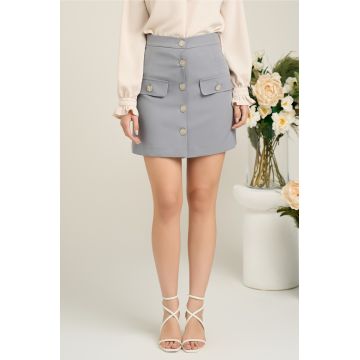 Fusta DY Fashion scurta office din stofa gri cu nasturi