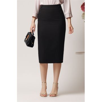 Fusta LaDonna midi office din stofa neagra cu nasturi decorativi Fusta LaDonna midi office din stofa neagra cu nasturi decorativi