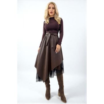 Fusta lunga cu tull asimetric, Florentina, piele eco si cordon, Maro, Marime S/M