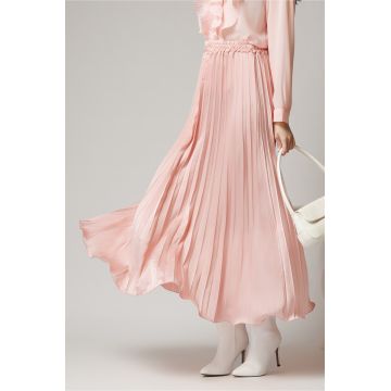 Fusta lunga din satin roz cu pliuri