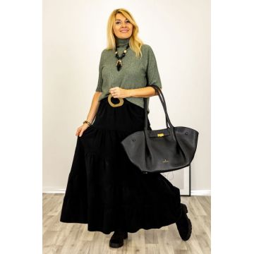 Fusta maxi cu volane din catifea reiata, neagra Fusta maxi cu volane din catifea reiata, neagra