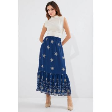 Fusta maxi -  imprimeu floral - albastru - poliester