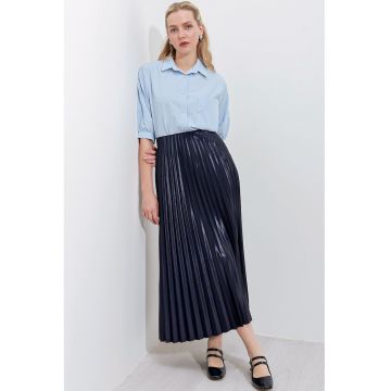 Fusta maxi  talie inalta - texturata metalica - bleumarin - textil -