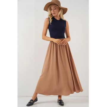 Fusta maxi texturata  cu snur in talie - maro - poliester-elastan