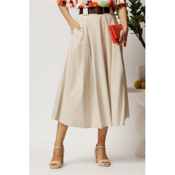 Fusta midi bej din bumbac in clos cu pliuri si curea in talie Fusta midi bej din bumbac in clos cu pliuri si curea in talie