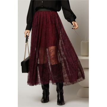 Fusta midi bordo in clos din dantela cu elastic in talie