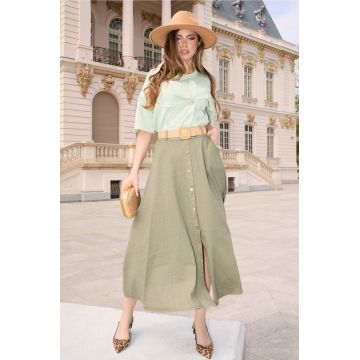 Fusta midi casual din in kaki cu nasturi si curea Fusta midi casual din in kaki cu nasturi si curea