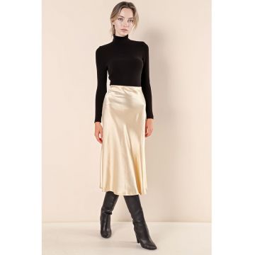 Fusta midi  croiala in forma de A - crem - satin -