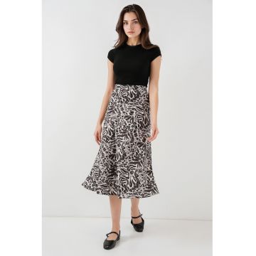 Fusta midi -  croiala in forma de A - satin - ecru/negru