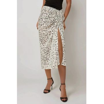Fusta midi dama -  cu imprimeu - satin - bej/negru