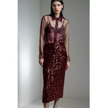 Fusta midi dama  poliester/elastan - cu paiete - rosu