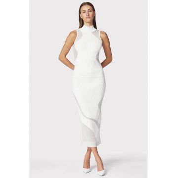 Fusta midi din tricot elastic cu talie inalta - prevazuta cu detalii transparente