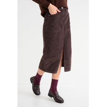 Fusta midi dreapta cu aspect de catifea si slit frontal