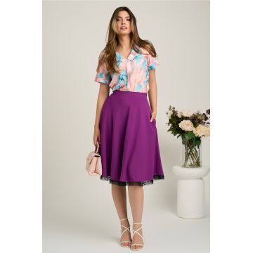 Fusta midi magenta din viscoza in clos cu dantela la baza