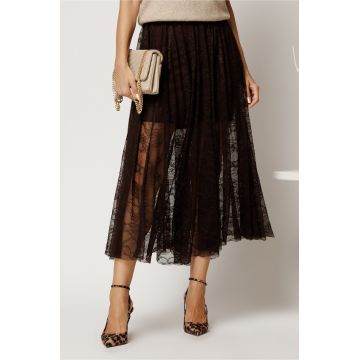 Fusta midi maro in clos din dantela cu elastic in talie Fusta midi maro in clos din dantela cu elastic in talie