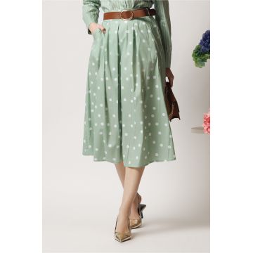 Fusta midi office din bumbac verde fistic cu buline si curea in talie Fusta midi office din bumbac verde fistic cu buline si curea in talie