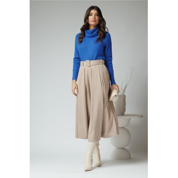 Fusta midi office din tricot reiat bej cu pliuri si curea in talie Fusta midi office din tricot reiat bej cu pliuri si curea in talie