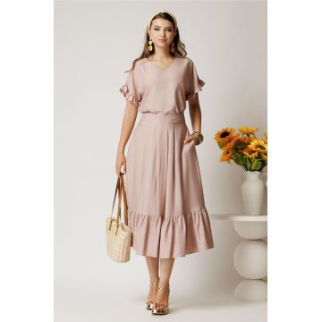 Fusta midi roz din rayon in clos cu volan la baza