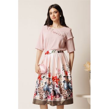 Fusta midi roz din tafta in clos cu flori la baza si pliuri