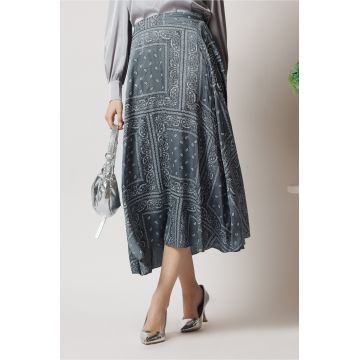 Fusta midi smart-casual din satin gri cu imprimeuri Fusta midi smart-casual din satin gri cu imprimeuri