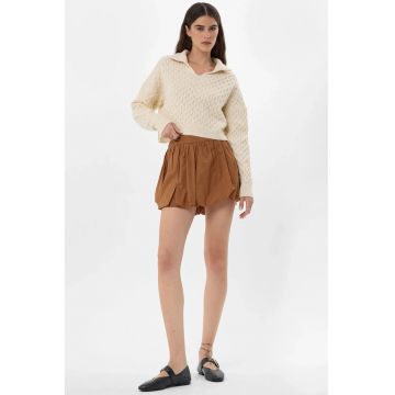 Fusta mini cu pantaloni scurti atasati dama -  talie inalta - textil - maro
