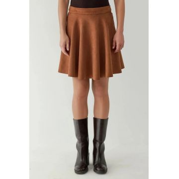 Fusta mini -  din piele intoarsa ecologica - talie inalta - culoare maro/camel - textil
