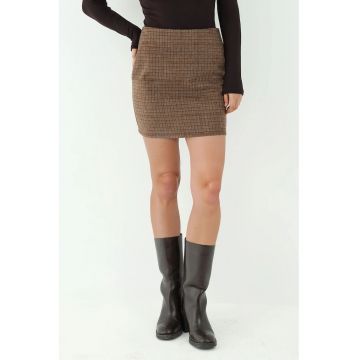 Fusta mini mulata -  imprimeu in carouri - maro - textil