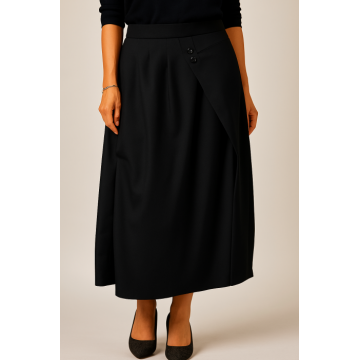 Fusta neagra asimetrica cu pliuri si detaliu cu nasturi