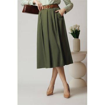 Fusta office din bumbac kaki cu buzunare si curea Fusta office din bumbac kaki cu buzunare si curea