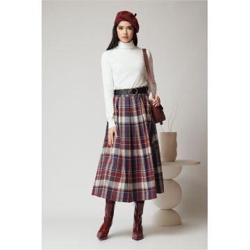 Fusta office din bumbac midi magenta cu carouri ivory si curea in talie Fusta office din bumbac midi magenta cu carouri ivory si curea in talie