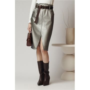 Fusta office din piele ecologica argintie cu elastic si curea in talie Fusta office din piele ecologica argintie cu elastic si curea in talie